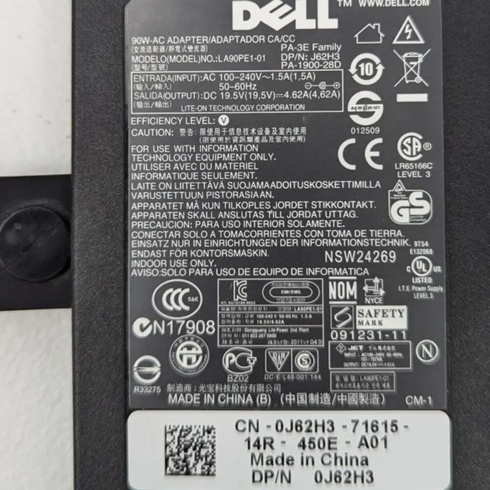 Dell Genuine AC Adapter Power Charger 19.5V 4.62A 90W LA90PE1-01 0J62H3